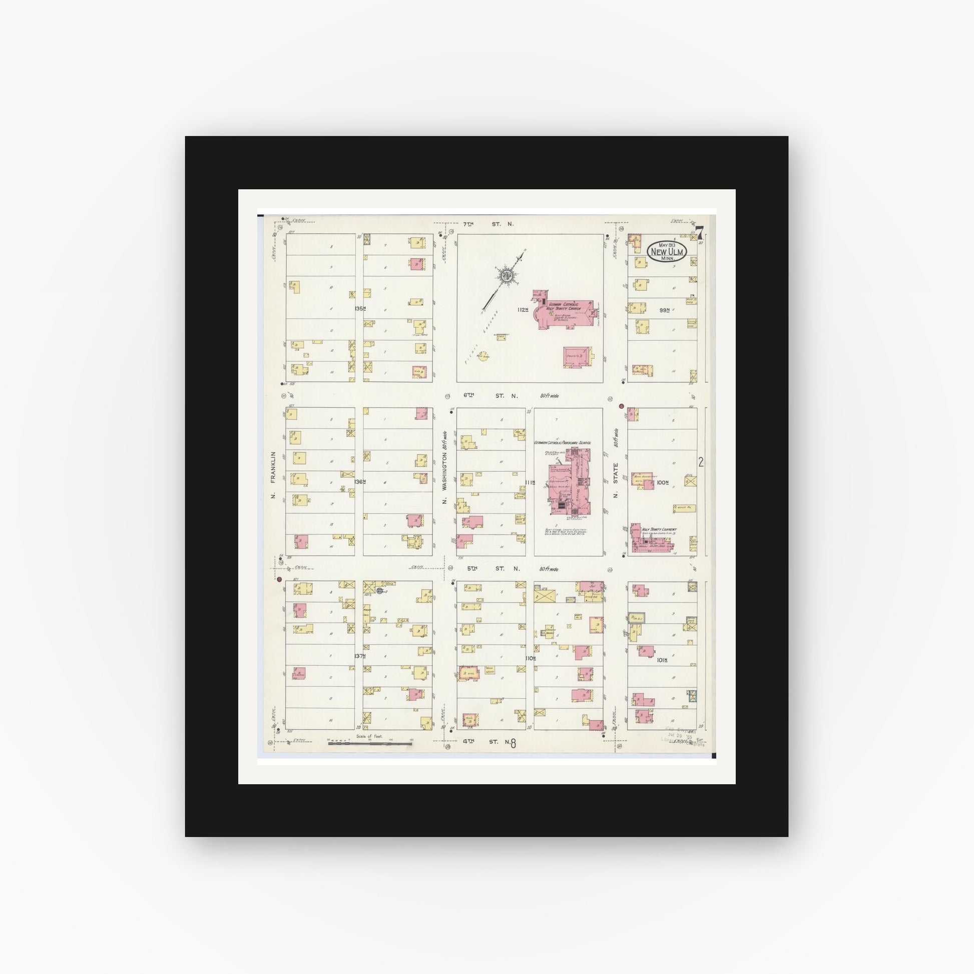 Old map wall art mockup — black gallery frame with white mat — Sanborn Fire Insurance Map from New Ulm, Brown County, Minnesota (1913), Sheet #0007