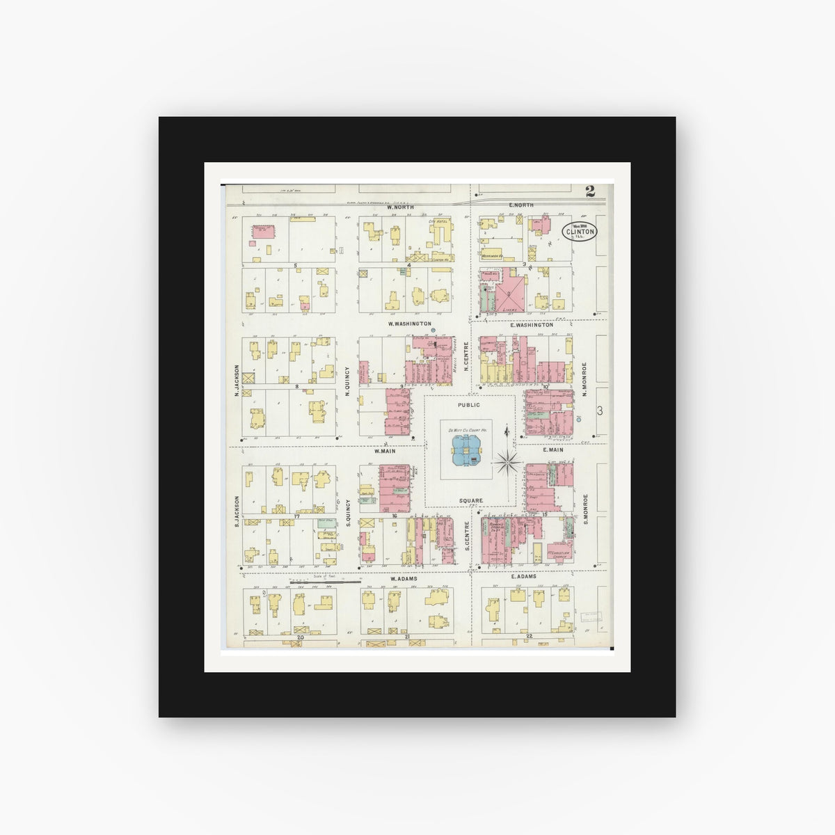 Old map wall art mockup — black gallery frame with white mat — Sanborn Fire Insurance Map from Clinton, De Witt County, Illinois (1898), Sheet #0002