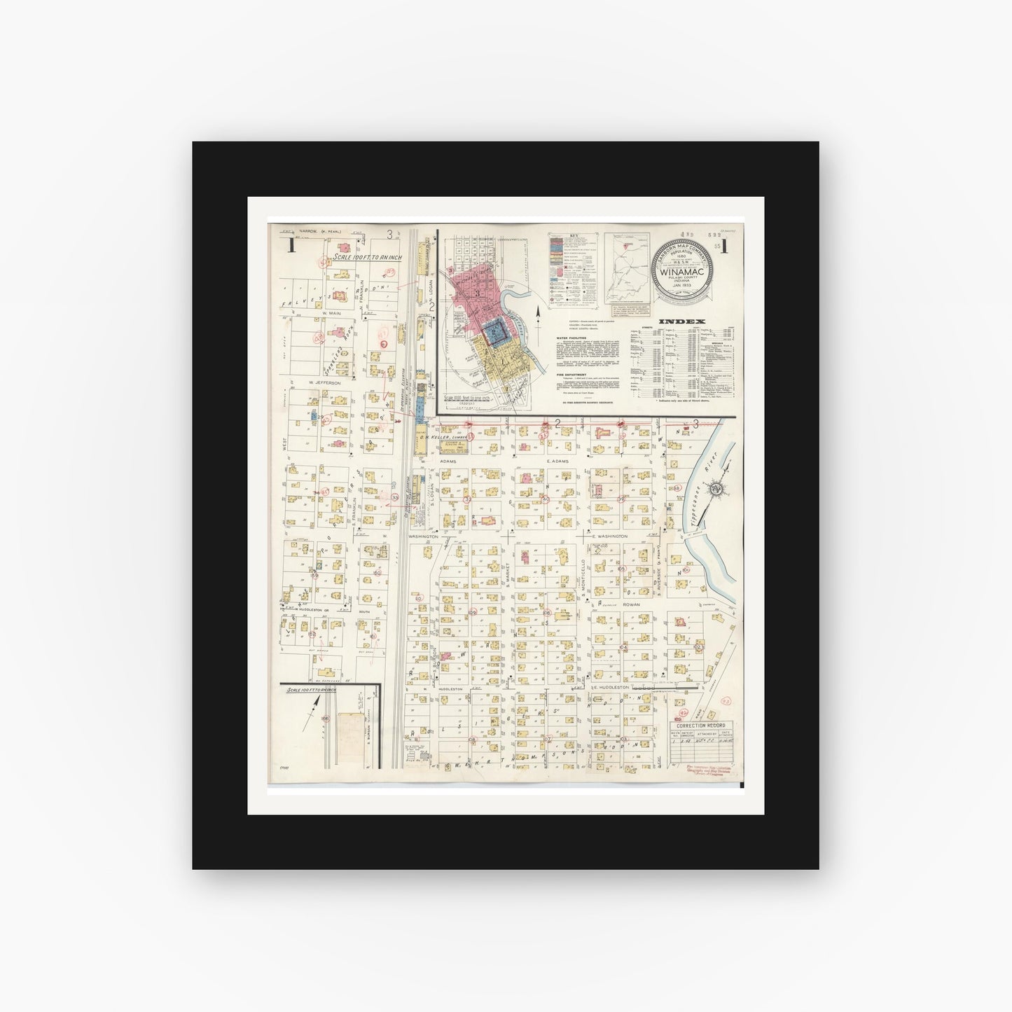 Old map wall art mockup — black gallery frame with white mat — Sanborn Fire Insurance Map from Winamac, Pulaski County, Indiana (1943), Sheet #0001