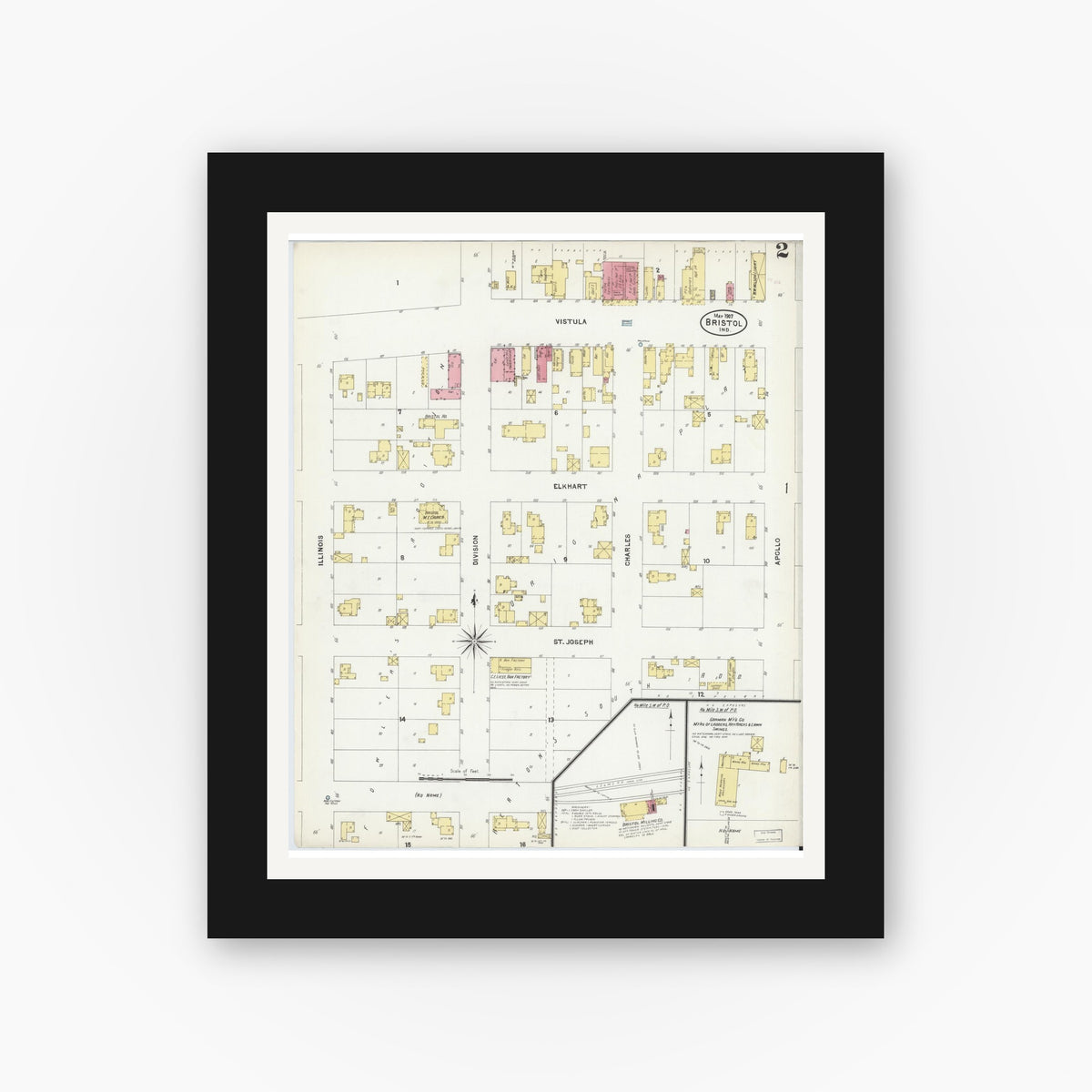 Old map wall art mockup — black gallery frame with white mat — Sanborn Fire Insurance Map from Bristol, Elkhart County, Indiana (1907), Sheet #0002