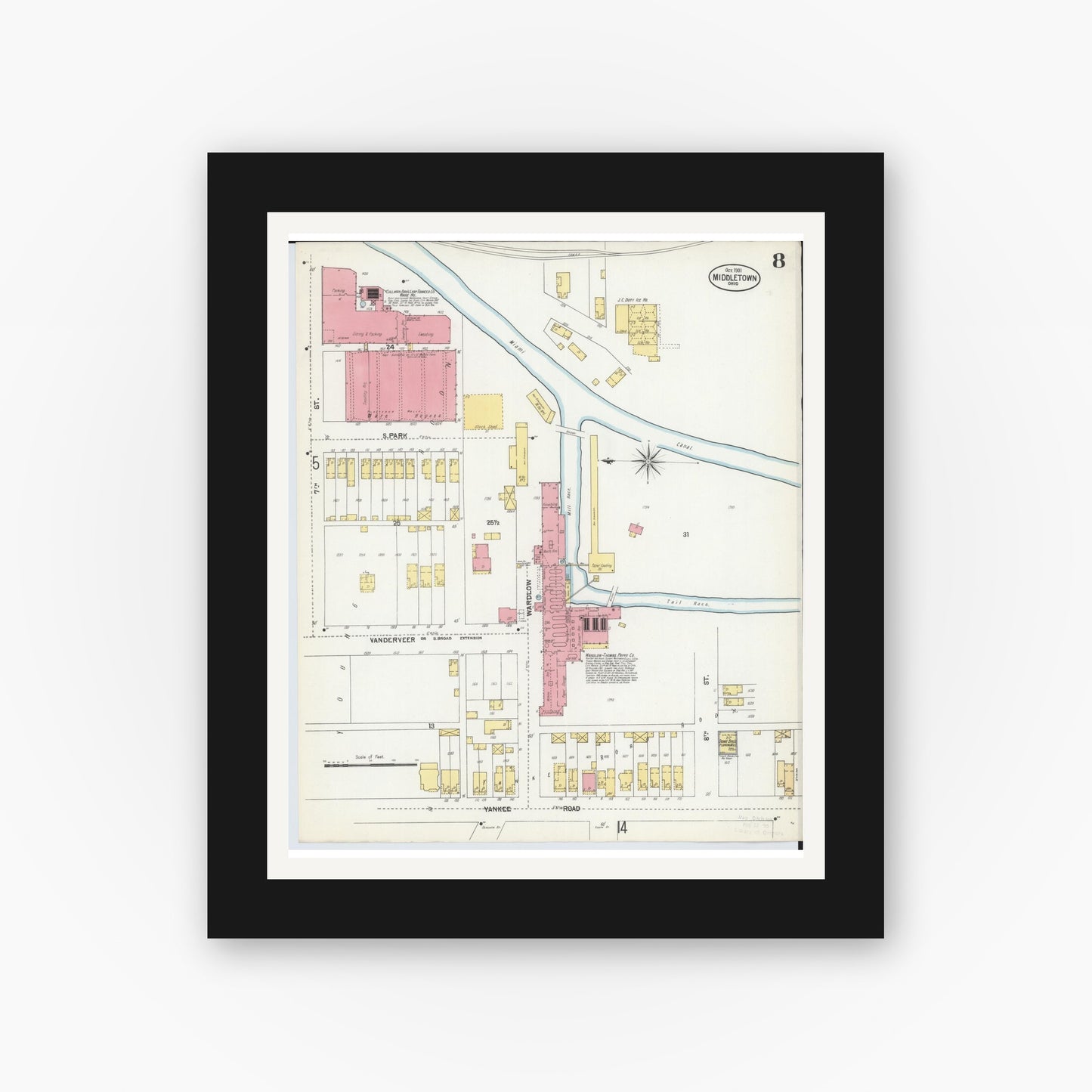 Old map wall art mockup — black gallery frame with white mat — Sanborn Fire Insurance Map from Middletown, Butler County, Ohio (1901), Sheet #0008