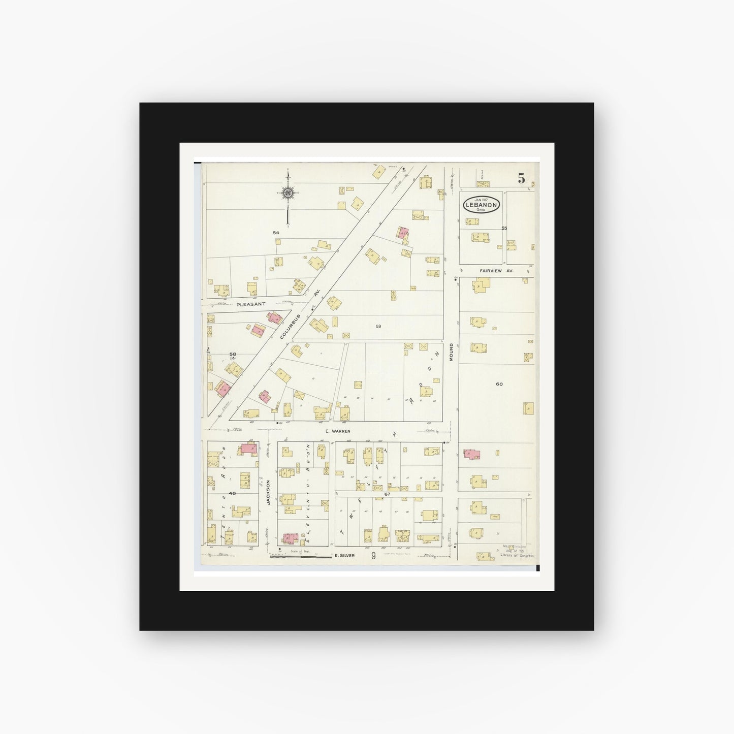 Old map wall art mockup — black gallery frame with white mat — Sanborn Fire Insurance Map from Lebanon, Warren County, Ohio (1917), Sheet #0005