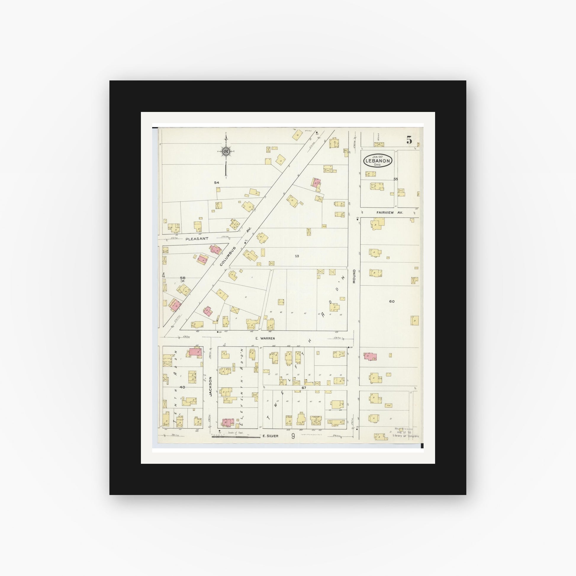 Old map wall art mockup — black gallery frame with white mat — Sanborn Fire Insurance Map from Lebanon, Warren County, Ohio (1917), Sheet #0005