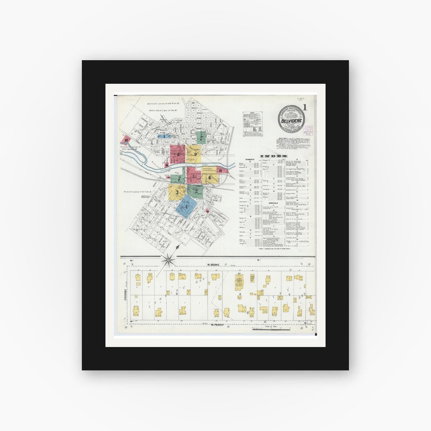 Old map wall art mockup — black gallery frame with white mat — Sanborn Fire Insurance Map from Belvidere, Boone County, Illinois (1904), Sheet #0001