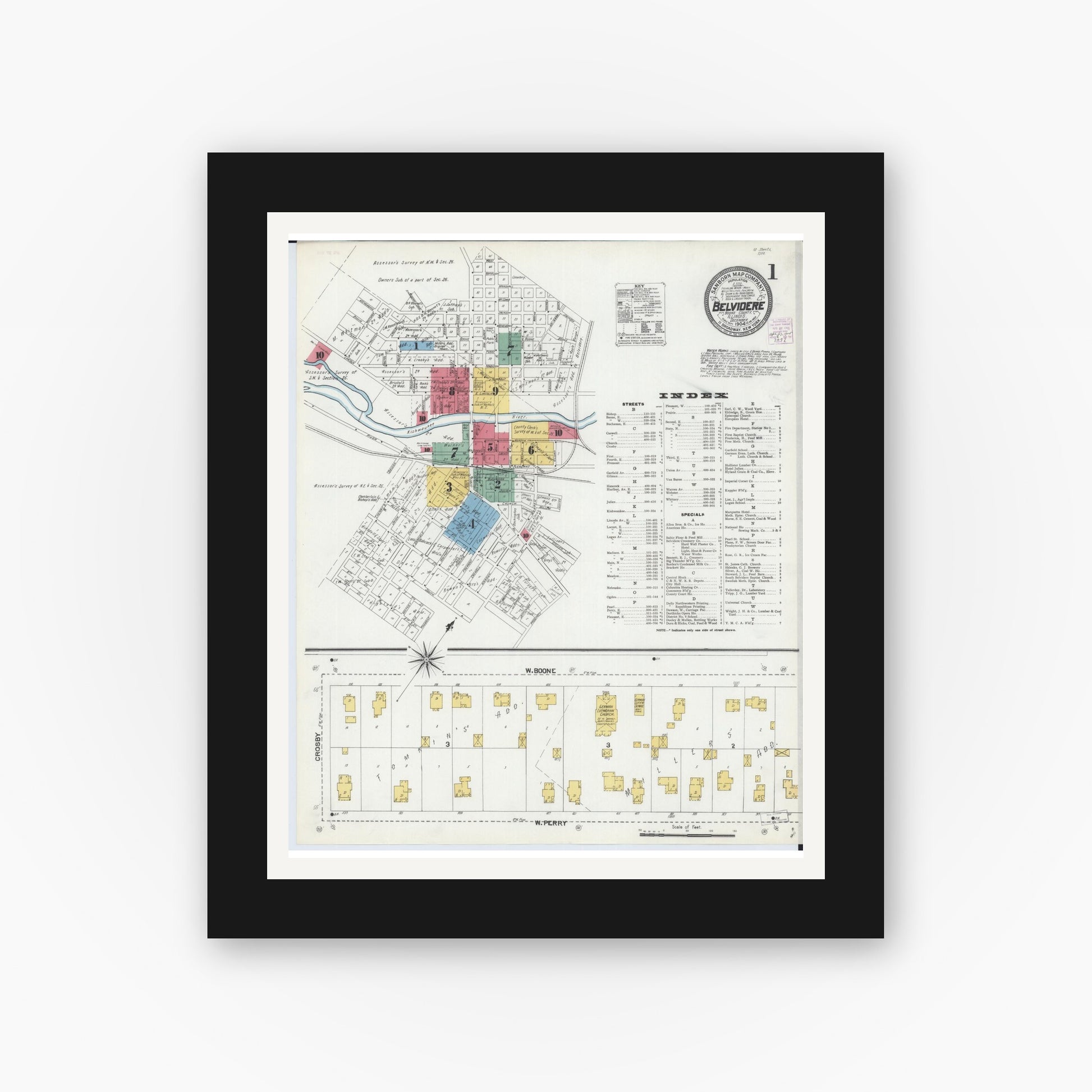 Old map wall art mockup — black gallery frame with white mat — Sanborn Fire Insurance Map from Belvidere, Boone County, Illinois (1904), Sheet #0001