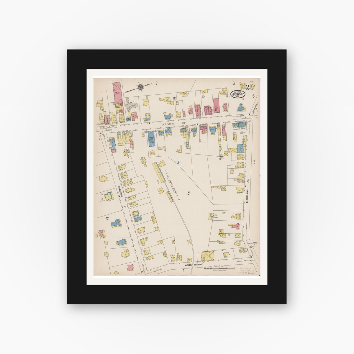 Old map wall art mockup — black gallery frame with white mat — Sanborn Fire Insurance Map from Hatboro, Montgomery County, Pennsylvania (1922), Sheet #0002