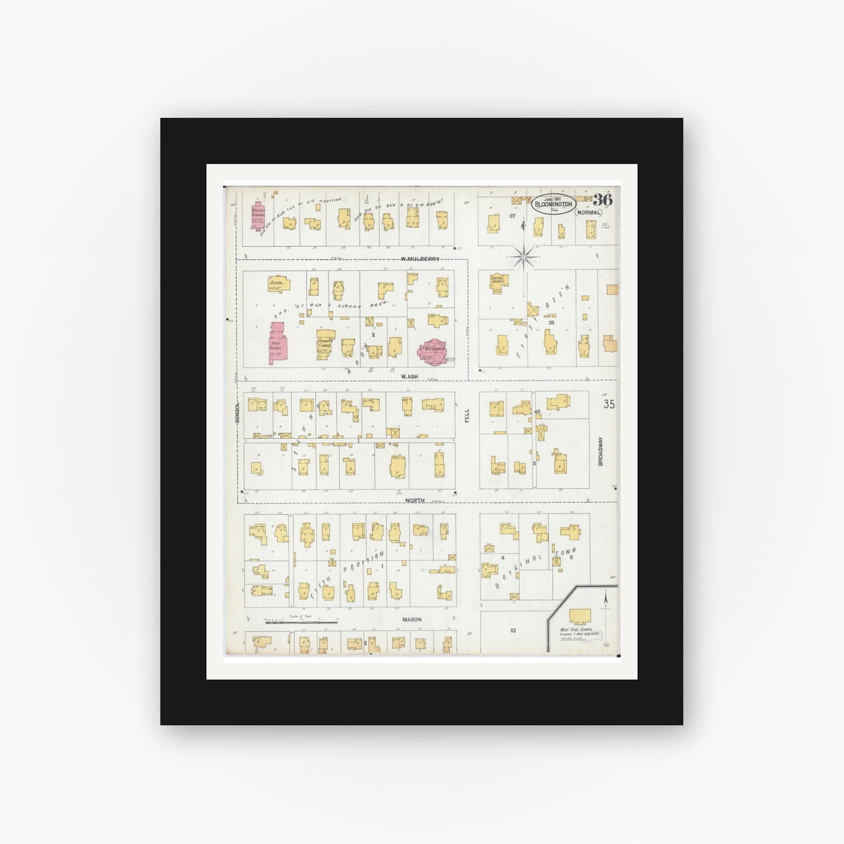 Old map wall art mockup — black gallery frame with white mat — Sanborn Fire Insurance Map from Bloomington, McLean County, Illinois (1901), Sheet #0036