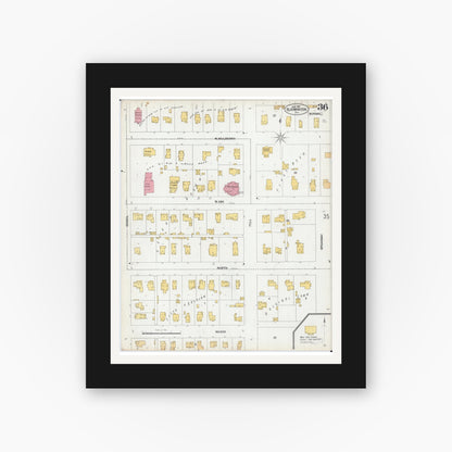 Old map wall art mockup — black gallery frame with white mat — Sanborn Fire Insurance Map from Bloomington, McLean County, Illinois (1901), Sheet #0036