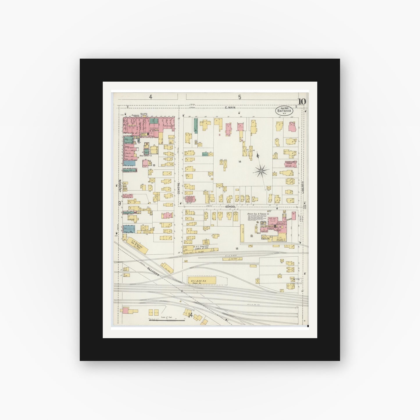 Old map wall art mockup — black gallery frame with white mat — Sanborn Fire Insurance Map from Batavia, Genesee County, New York (1901), Sheet #0010