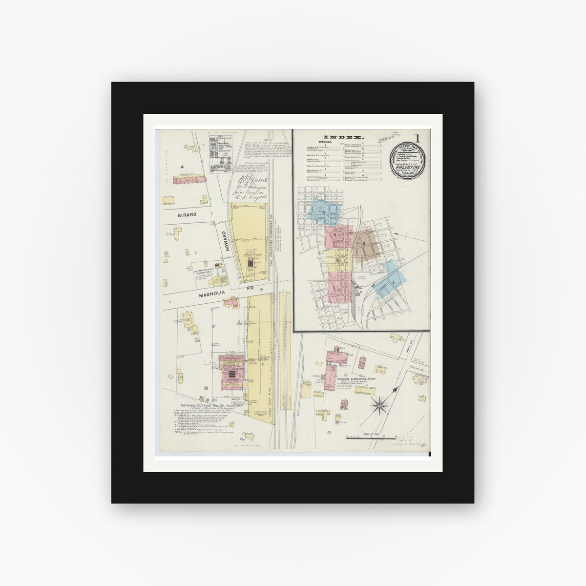 Old map wall art mockup — black gallery frame with white mat — Sanborn Fire Insurance Map from Palestine, Anderson County, Texas (1891) - Complete Map Set