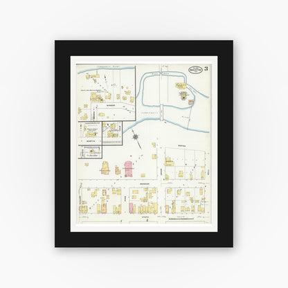 Old map wall art mockup — black gallery frame with white mat — Sanborn Fire Insurance Map from Mauston, Juneau County, Wisconsin (1909), Sheet #0003
