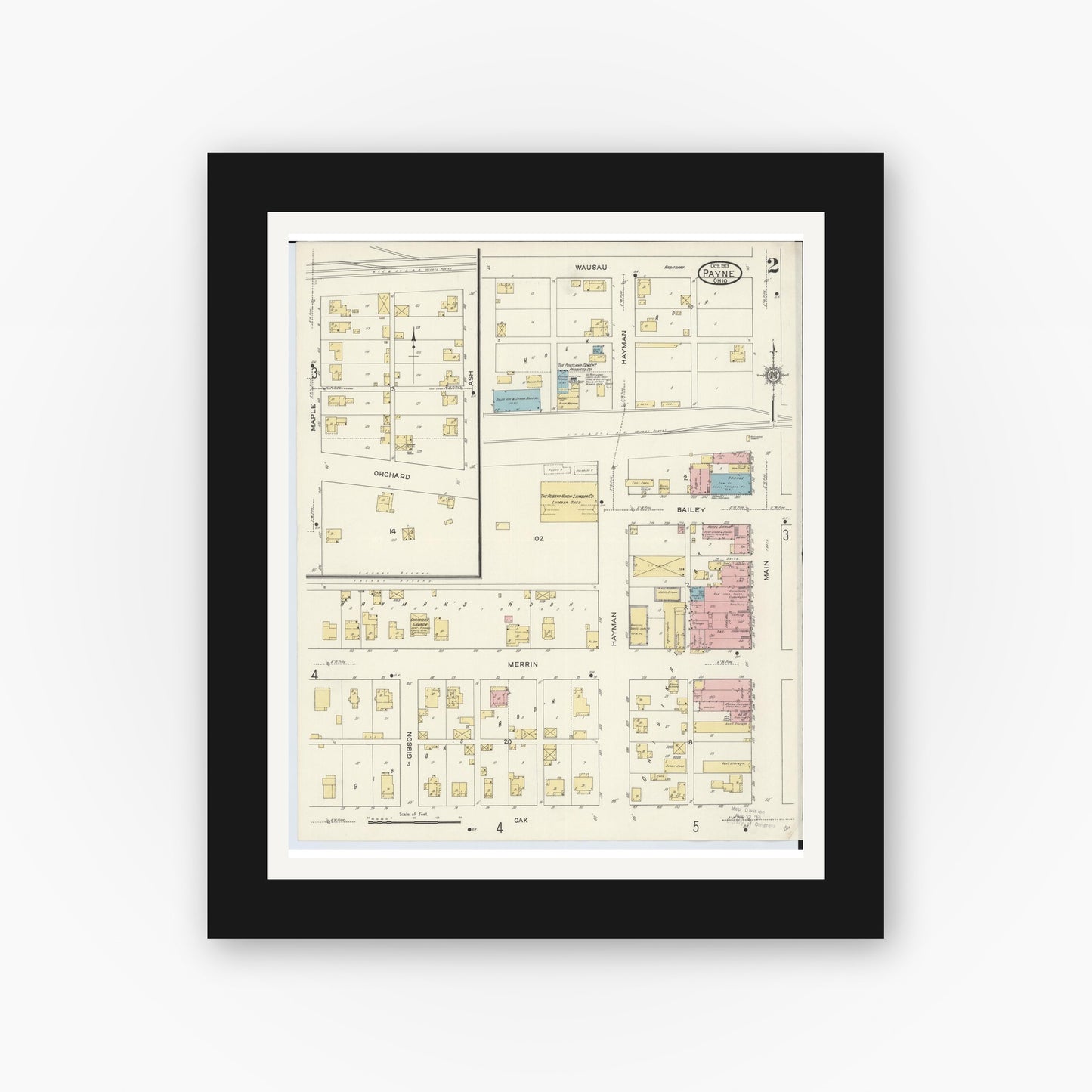 Old map wall art mockup — black gallery frame with white mat — Sanborn Fire Insurance Map from Payne, Paulding County, Ohio (1913), Sheet #0002