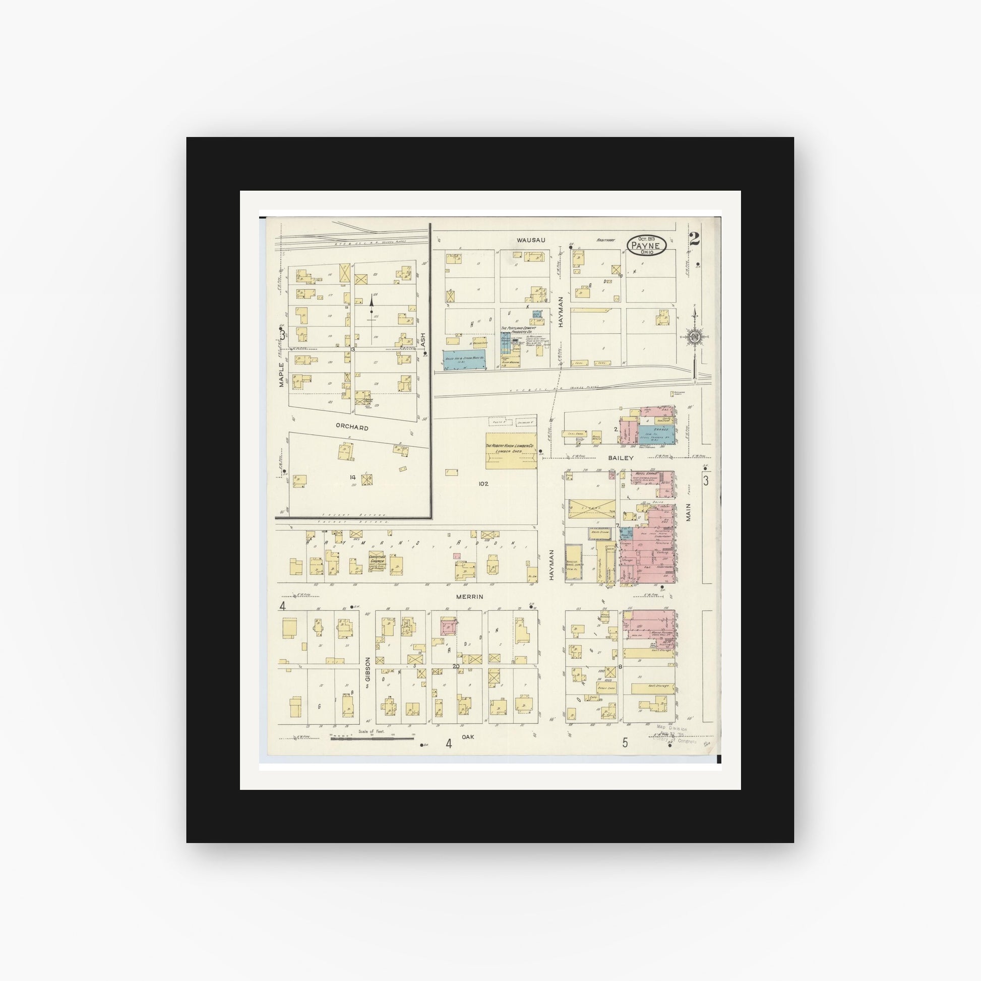 Old map wall art mockup — black gallery frame with white mat — Sanborn Fire Insurance Map from Payne, Paulding County, Ohio (1913), Sheet #0002
