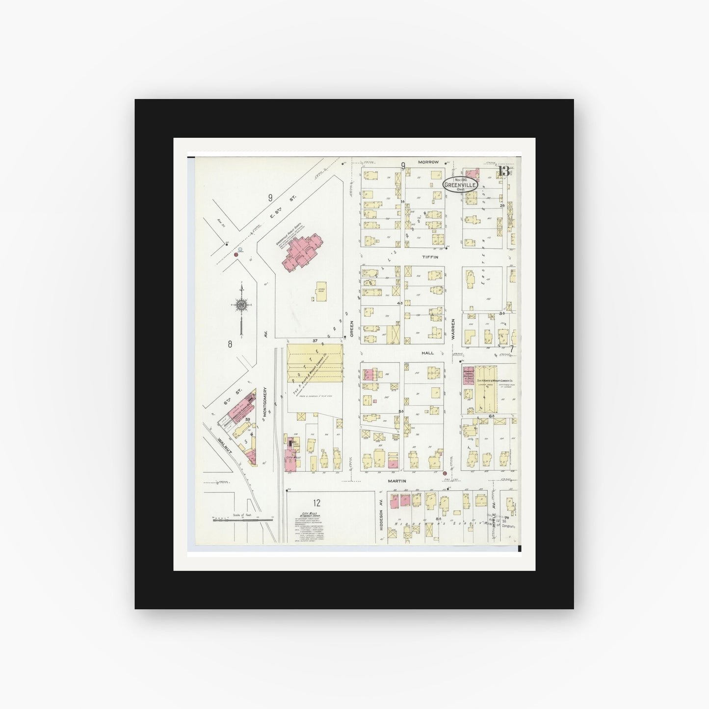 Old map wall art mockup — black gallery frame with white mat — Sanborn Fire Insurance Map from Greenville, Darke County, Ohio (1910), Sheet #0013