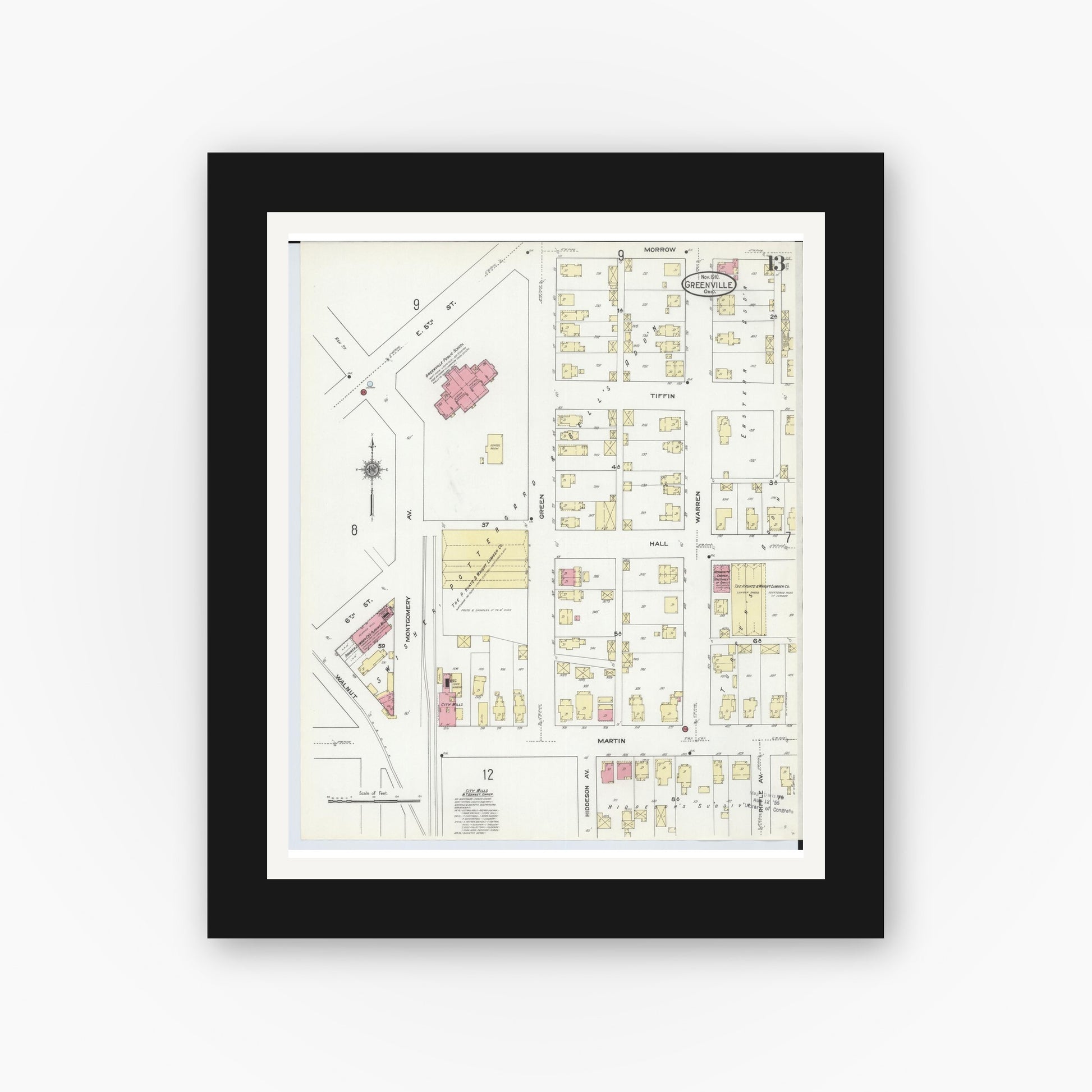 Old map wall art mockup — black gallery frame with white mat — Sanborn Fire Insurance Map from Greenville, Darke County, Ohio (1910), Sheet #0013