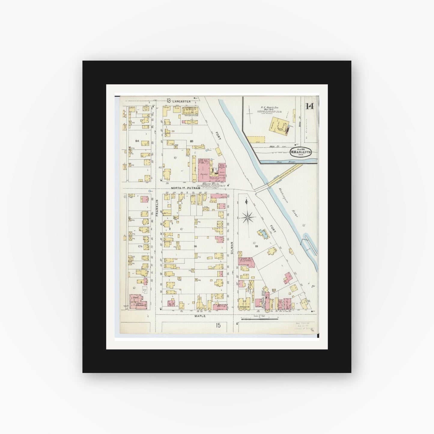 Old map wall art mockup — black gallery frame with white mat — Sanborn Fire Insurance Map from Marietta, Washington County, Ohio (1896), Sheet #0014