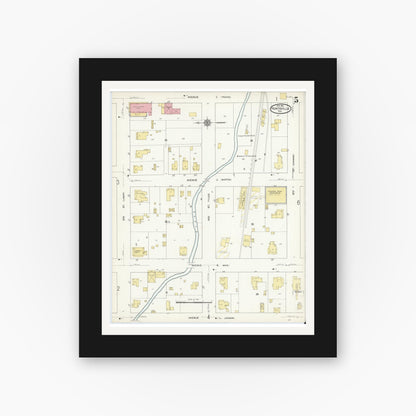 Old map wall art mockup — black gallery frame with white mat — Sanborn Fire Insurance Map from Huntsville, Walker County, Texas (1912), Sheet #0005