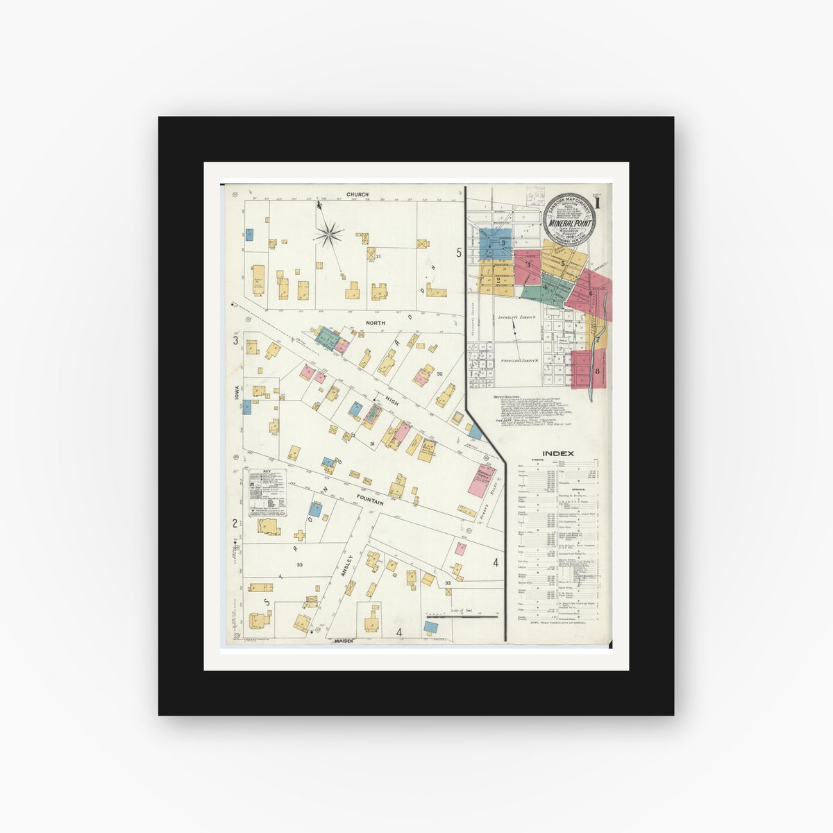 Old map wall art mockup — black gallery frame with white mat — Sanborn Fire Insurance Map from Mineral Point, Iowa County, Wisconsin (1908), Sheet #0001