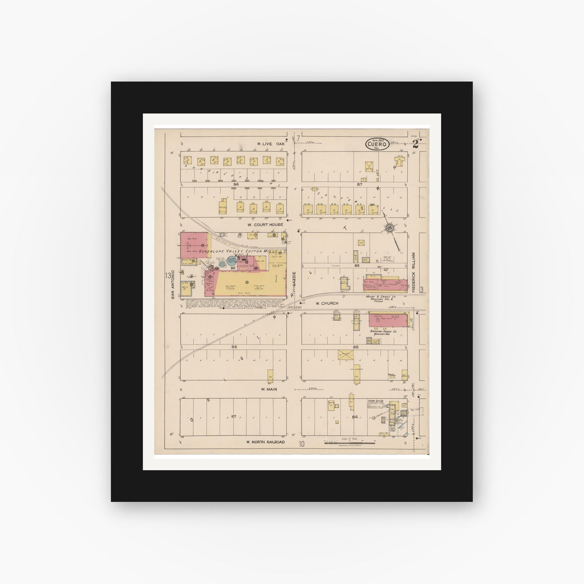 Old map wall art mockup — black gallery frame with white mat — Sanborn Fire Insurance Map from Cuero, De Witt County, Texas (1922), Sheet #0002