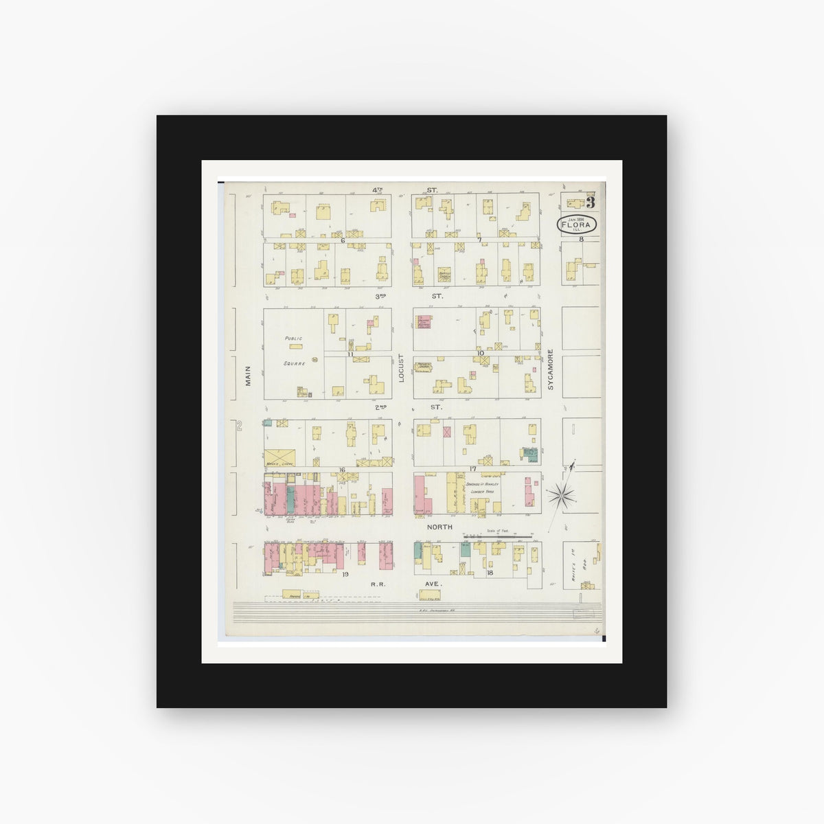Old map wall art mockup — black gallery frame with white mat — Sanborn Fire Insurance Map from Flora, Clay County, Illinois (1894), Sheet #0003