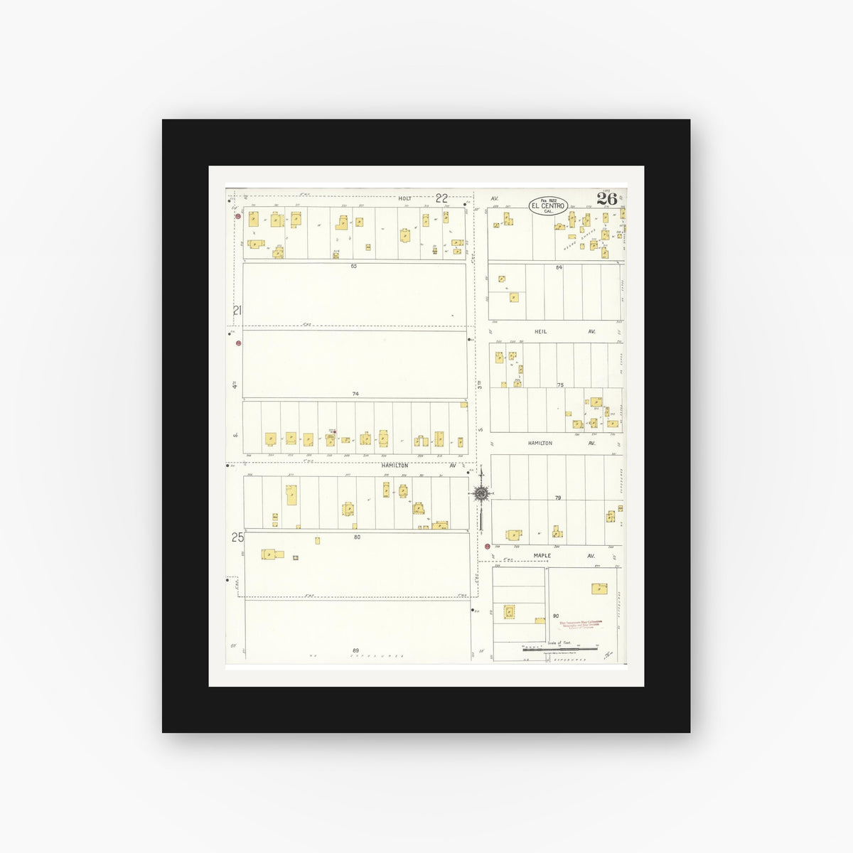 Old map wall art mockup — black gallery frame with white mat — Sanborn Fire Insurance Map from El Centro, Imperial County, California (1922), Sheet #0026