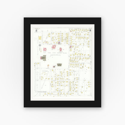 Old map wall art mockup — black gallery frame with white mat — Sanborn Fire Insurance Map from Commerce, Hunt County, Texas (1933), Sheet #0008