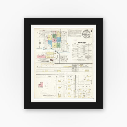 Old map wall art mockup — black gallery frame with white mat — Sanborn Fire Insurance Map from Storm Lake, Buena Vista County, Iowa (1914), Sheet #0001