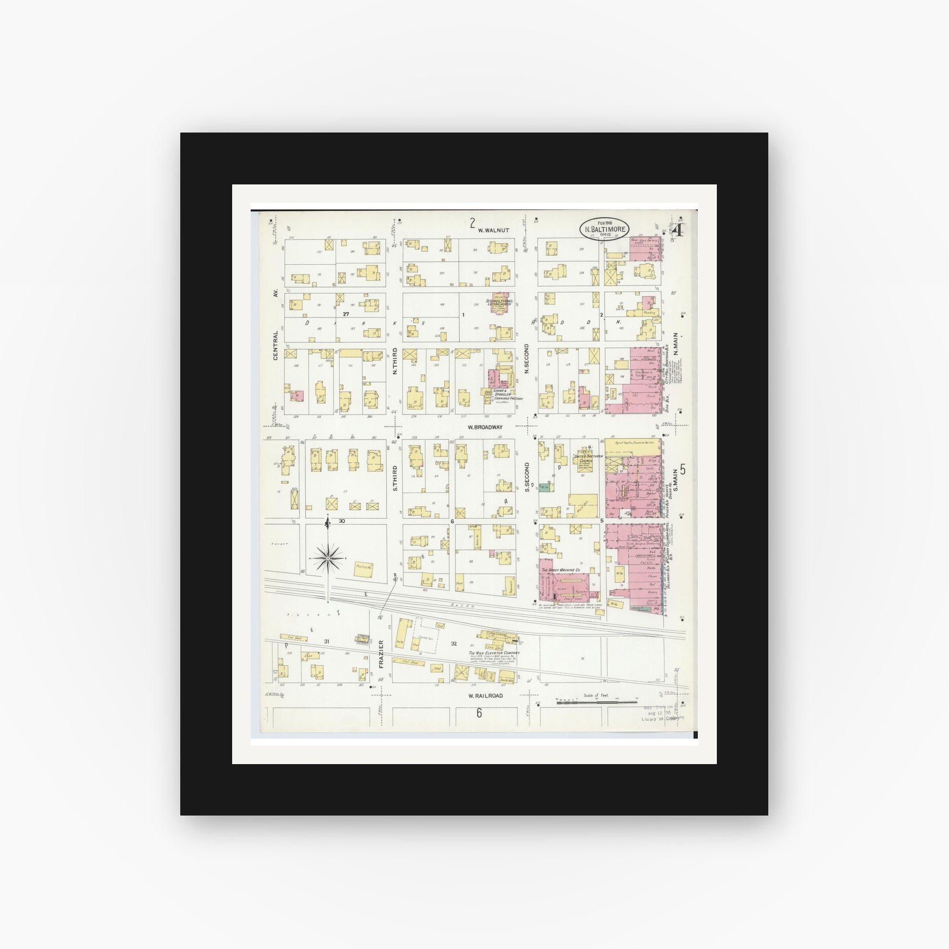 Old map wall art mockup — black gallery frame with white mat — Sanborn Fire Insurance Map from North Baltimore, Wood County, Ohio (1908), Sheet #0004