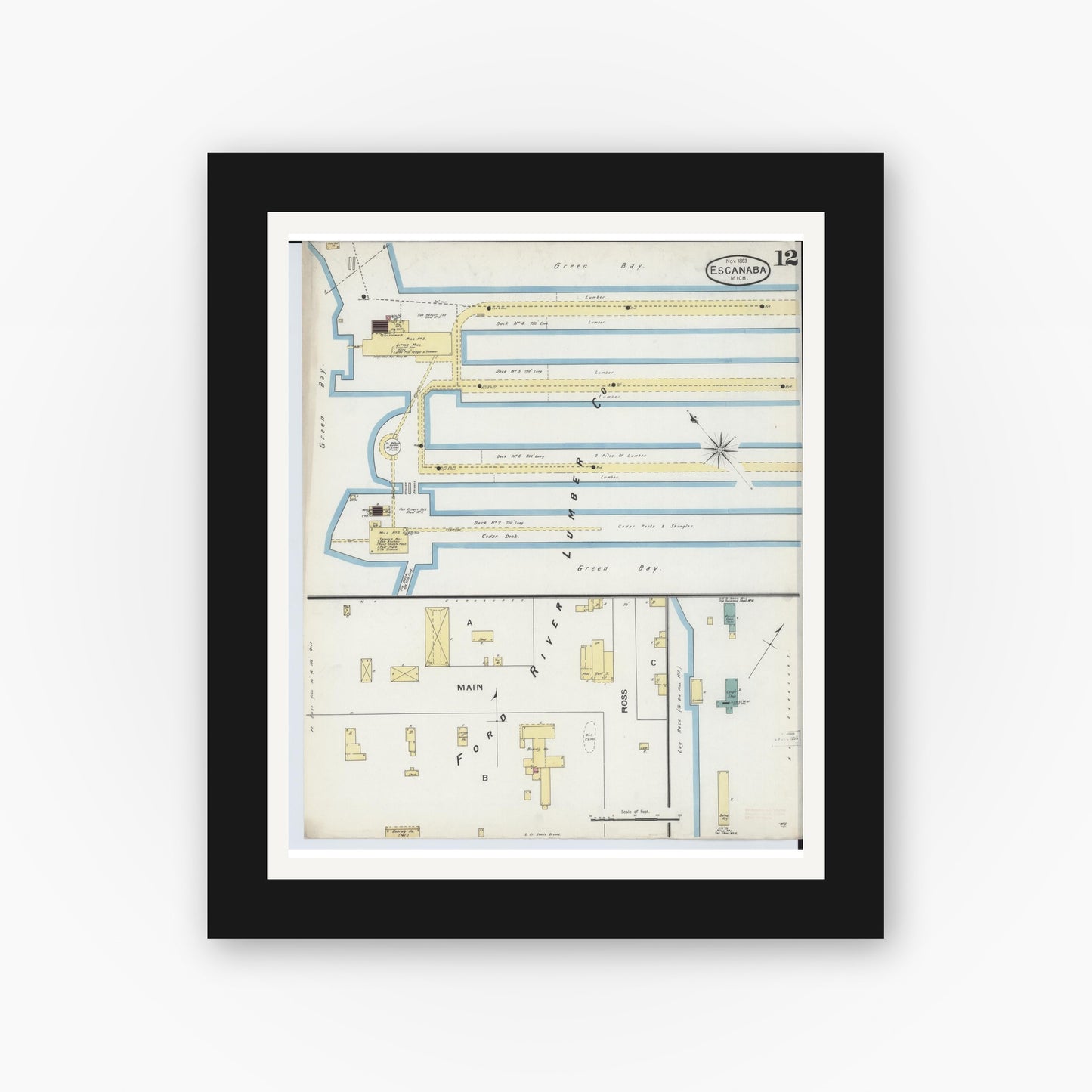 Old map wall art mockup — black gallery frame with white mat — Sanborn Fire Insurance Map from Escanaba, Delta County, Michigan (1893), Sheet #0012
