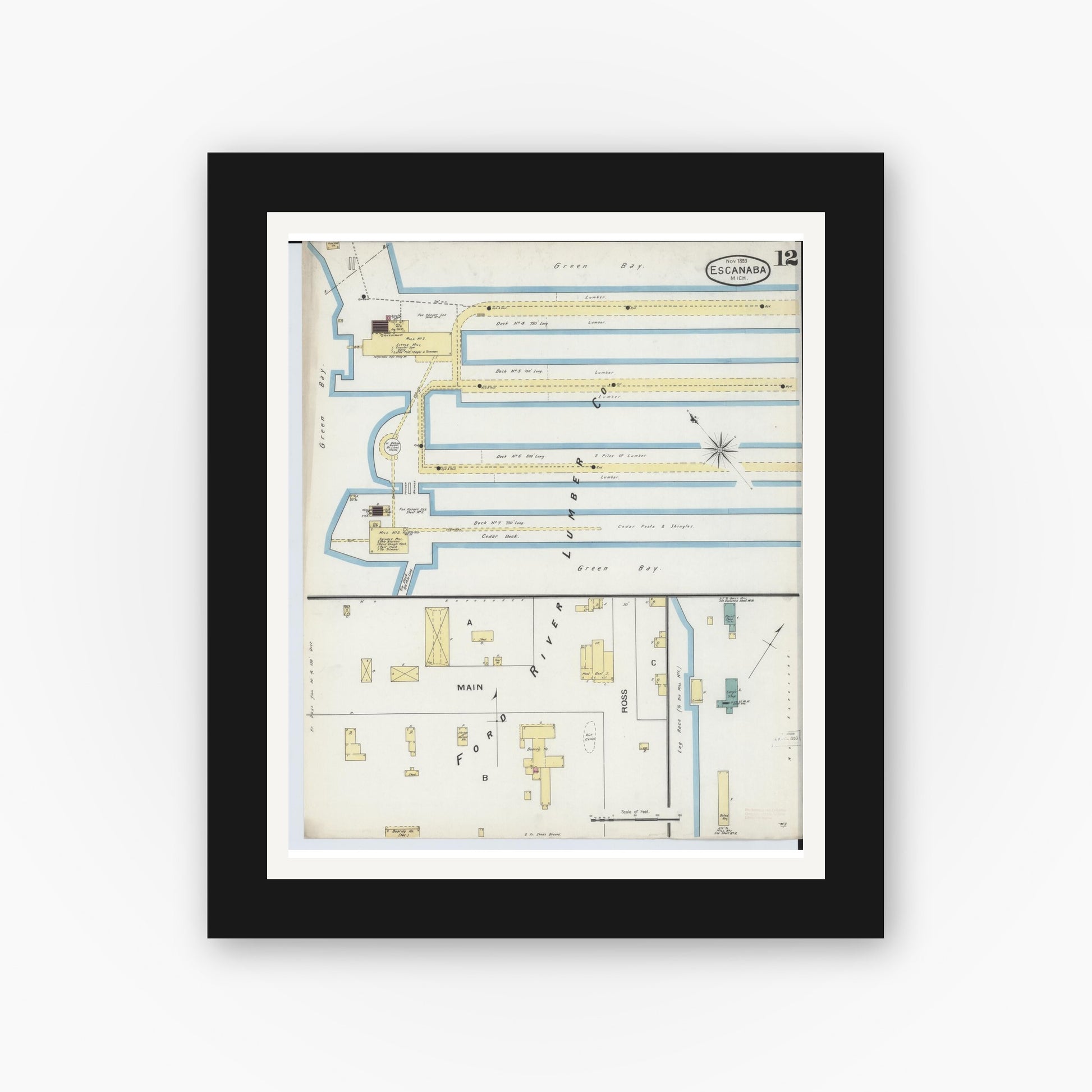 Old map wall art mockup — black gallery frame with white mat — Sanborn Fire Insurance Map from Escanaba, Delta County, Michigan (1893), Sheet #0012