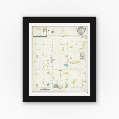 Old map wall art mockup — black gallery frame with white mat — Sanborn Fire Insurance Map from Burnet, Burnet County, Texas (1896), Sheet #0001