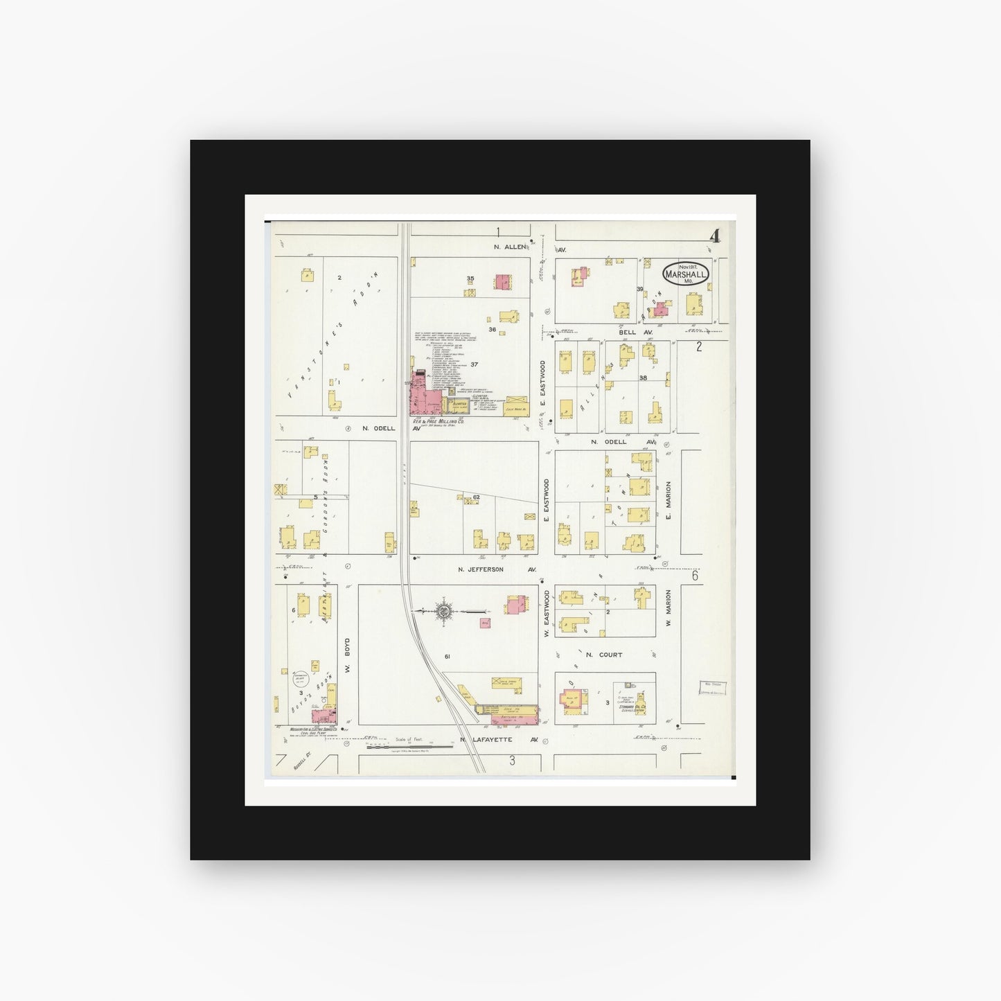 Old map wall art mockup — black gallery frame with white mat — Sanborn Fire Insurance Map from Marshall, Saline County, Missouri (1917), Sheet #0004