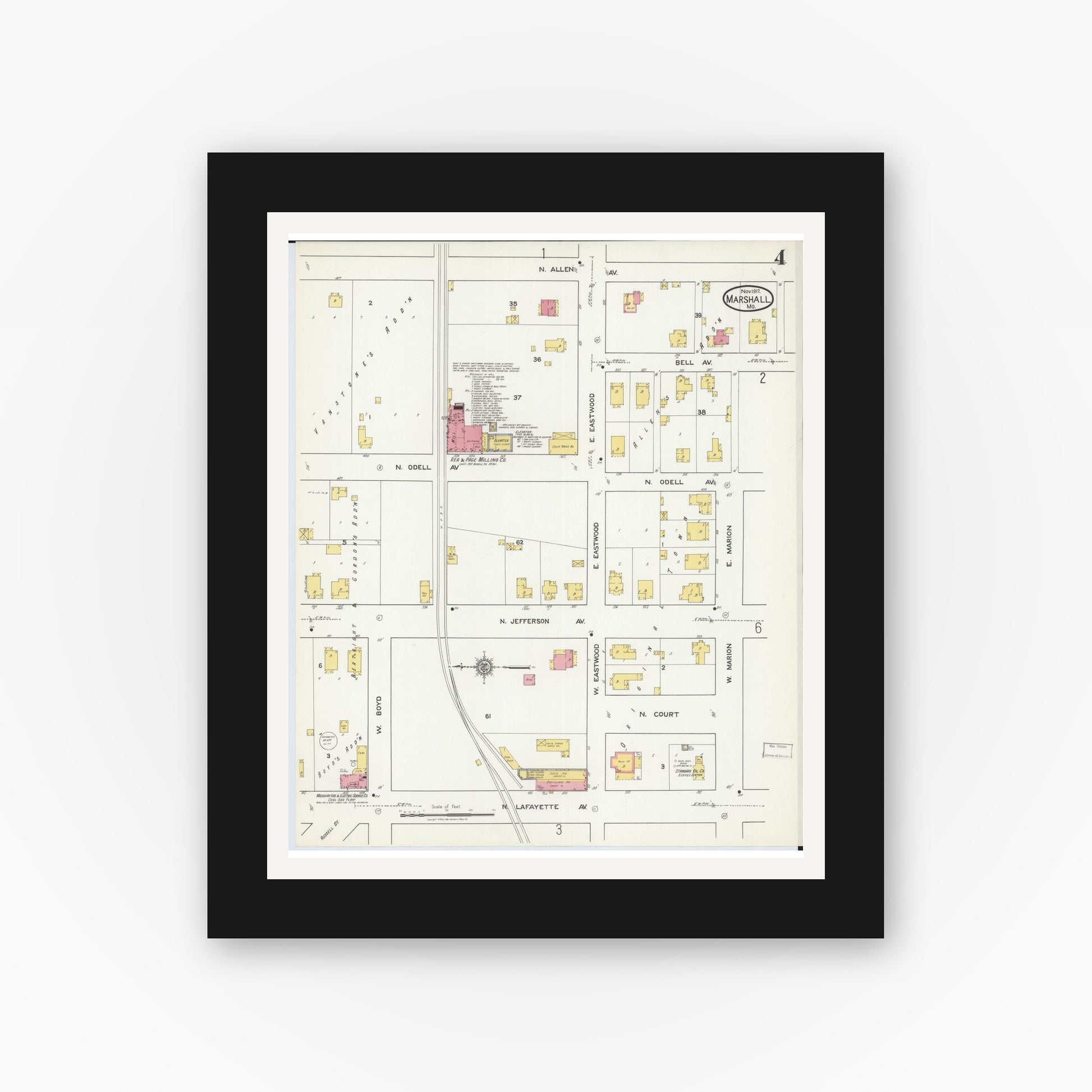 Old map wall art mockup — black gallery frame with white mat — Sanborn Fire Insurance Map from Marshall, Saline County, Missouri (1917), Sheet #0004