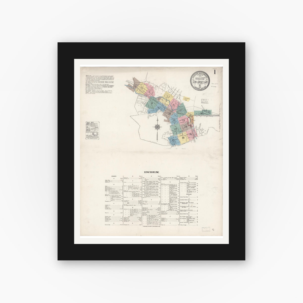 Old map wall art mockup — black gallery frame with white mat — Sanborn Fire Insurance Map from San Anselmo, Marin County, California (1919) - Complete Map Set