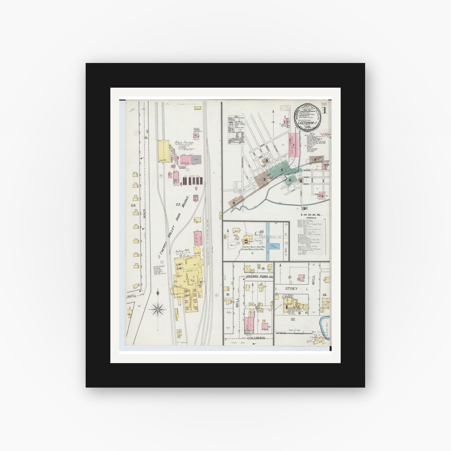 Old map wall art mockup — black gallery frame with white mat — Sanborn Fire Insurance Map from Leetonia, Columbiana County, Ohio (1893) - Complete Map Set