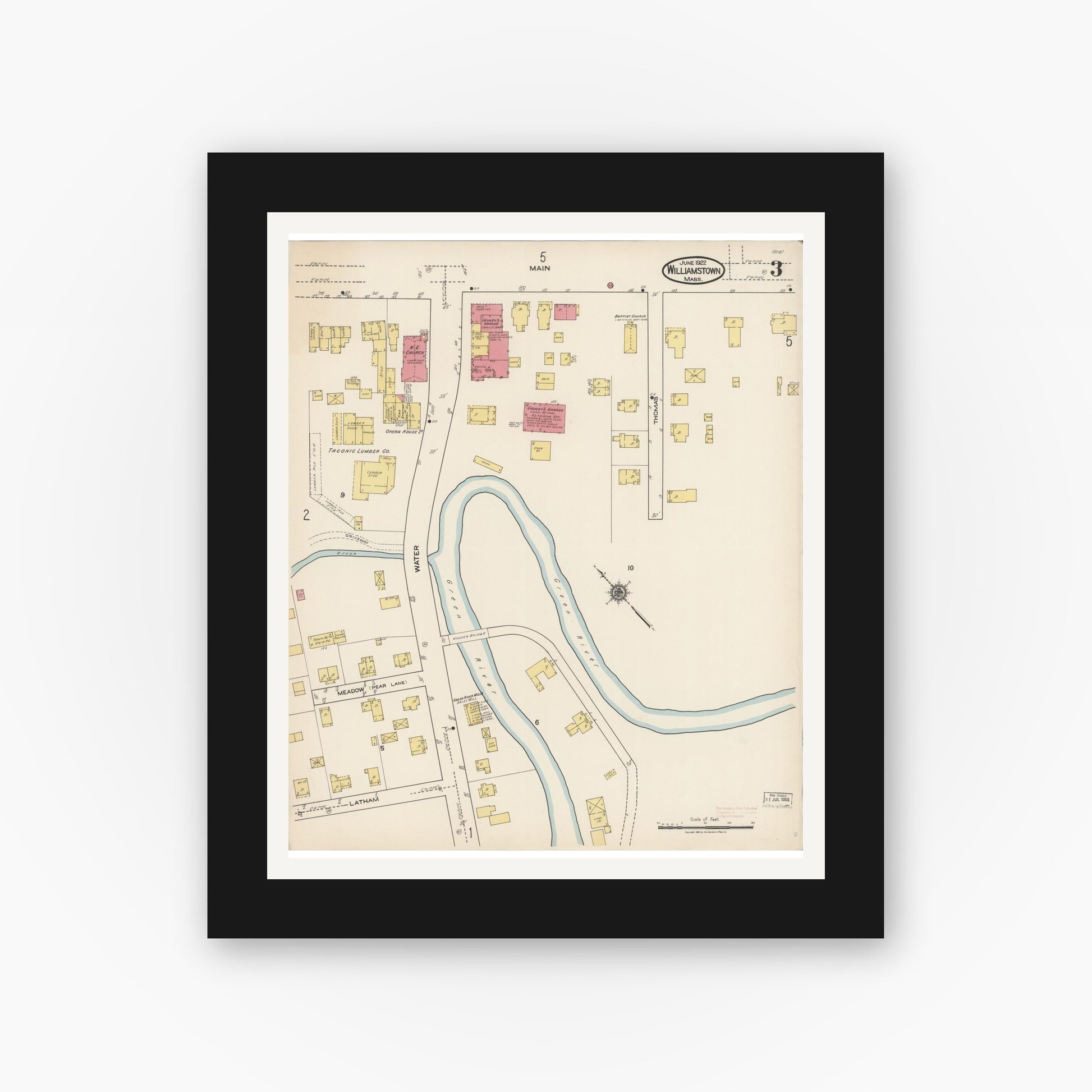 Old map wall art mockup — black gallery frame with white mat — Sanborn Fire Insurance Map from Williamstown, Berkshire County, Massachusetts (1922), Sheet #0003