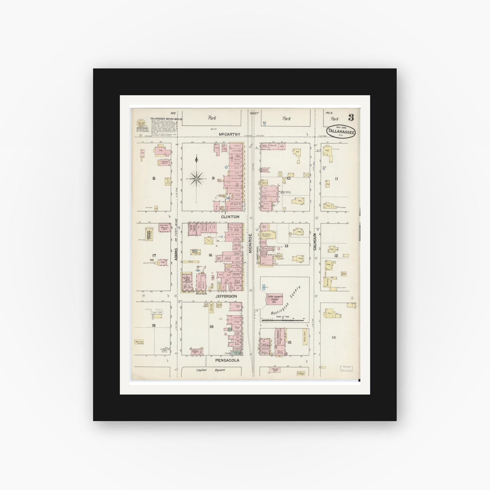 Old map wall art mockup — black gallery frame with white mat — Sanborn Fire Insurance Map from Tallahassee, Leon County, Florida (1890), Sheet #0003