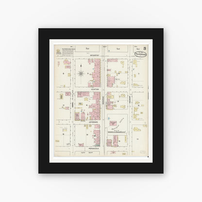 Old map wall art mockup — black gallery frame with white mat — Sanborn Fire Insurance Map from Tallahassee, Leon County, Florida (1890), Sheet #0003