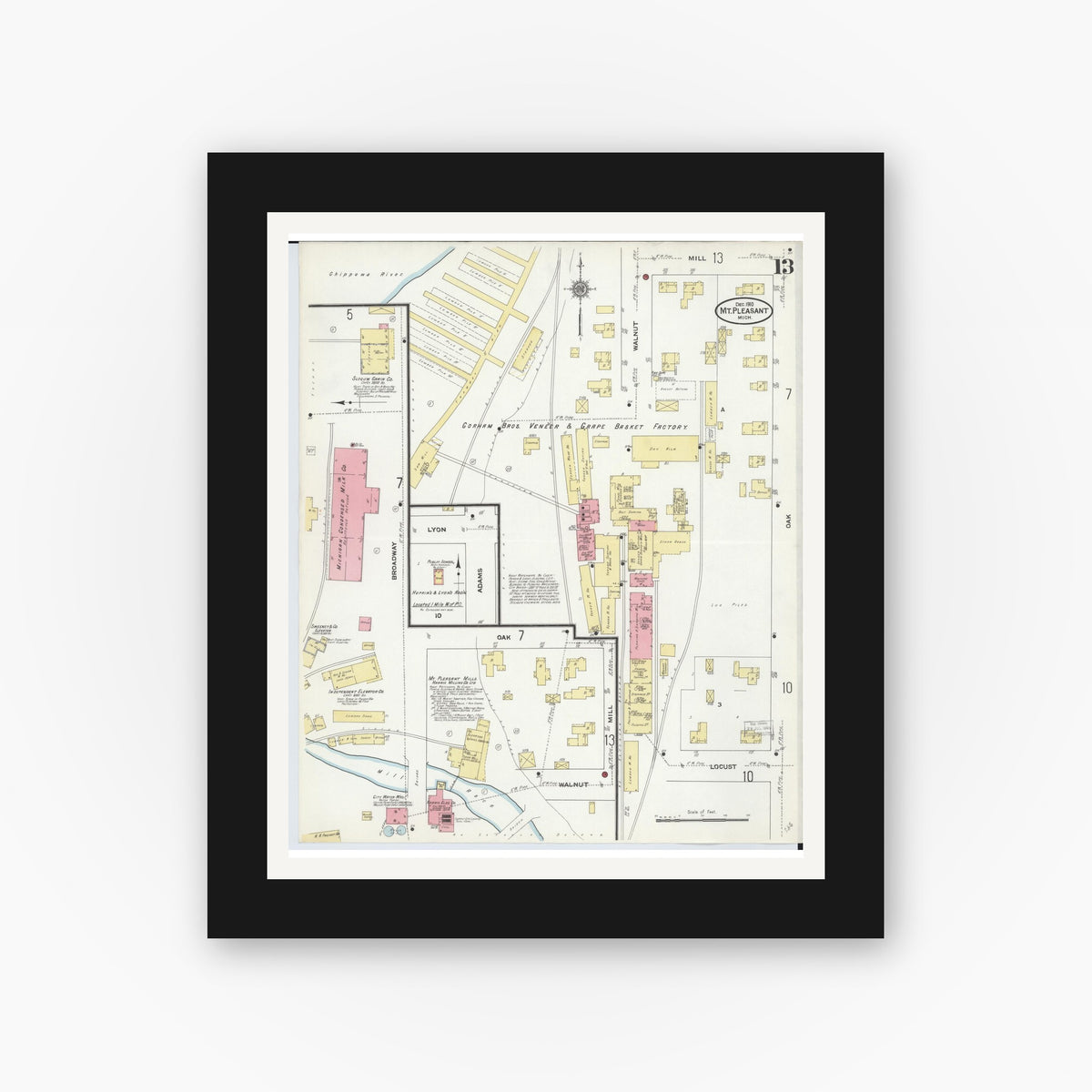 Old map wall art mockup — black gallery frame with white mat — Sanborn Fire Insurance Map from Mount Pleasant, Isabella County, Michigan (1910), Sheet #0013