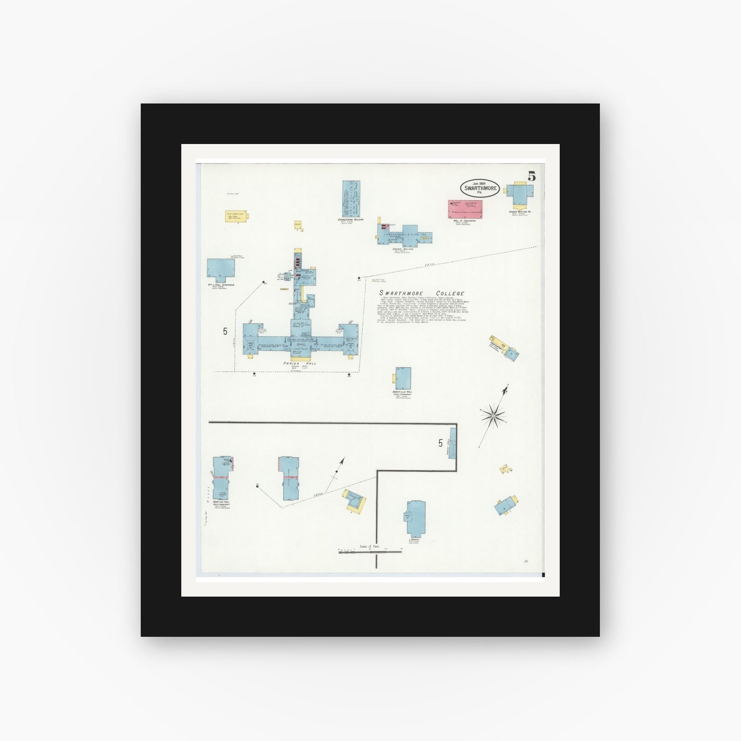 Old map wall art mockup — black gallery frame with white mat — Sanborn Fire Insurance Map from Swarthmore, Delaware County, Pennsylvania (1909), Sheet #0005