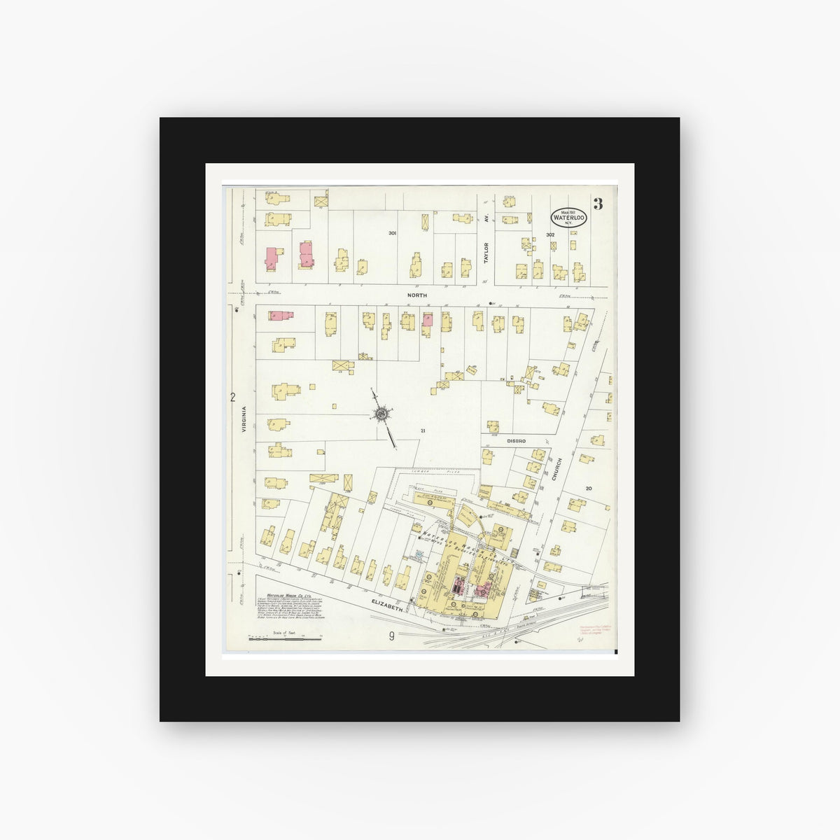 Old map wall art mockup — black gallery frame with white mat — Sanborn Fire Insurance Map from Waterloo, Seneca County, New York (1911), Sheet #0003