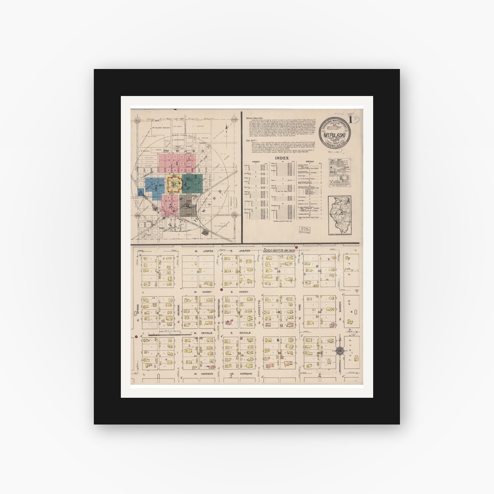 Old map wall art mockup — black gallery frame with white mat — Sanborn Fire Insurance Map from Mount Pulaski, Logan County, Illinois (1922), Sheet #0001