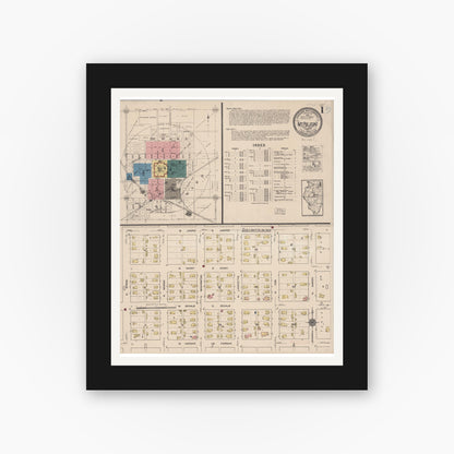 Old map wall art mockup — black gallery frame with white mat — Sanborn Fire Insurance Map from Mount Pulaski, Logan County, Illinois (1922), Sheet #0001