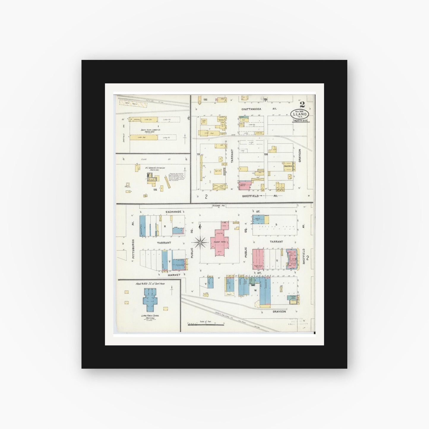 Old map wall art mockup — black gallery frame with white mat — Sanborn Fire Insurance Map from Llano, Llano County, Texas (1905), Sheet #0002