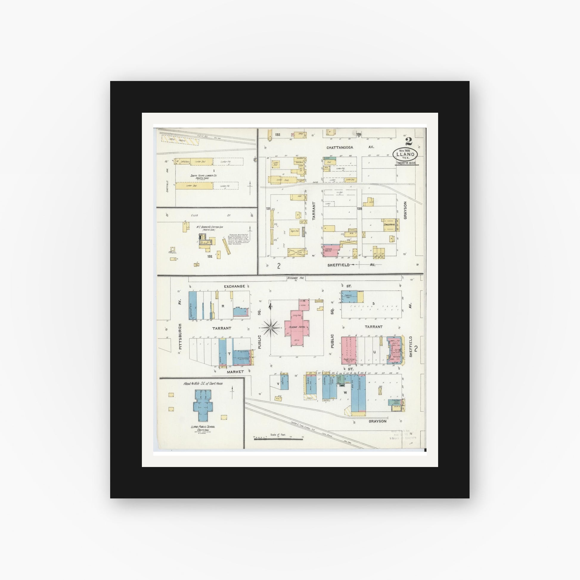 Old map wall art mockup — black gallery frame with white mat — Sanborn Fire Insurance Map from Llano, Llano County, Texas (1905), Sheet #0002