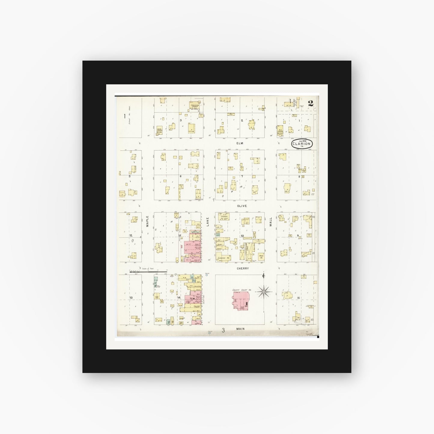 Old map wall art mockup — black gallery frame with white mat — Sanborn Fire Insurance Map from Clarion, Wright County, Iowa (1896), Sheet #0002