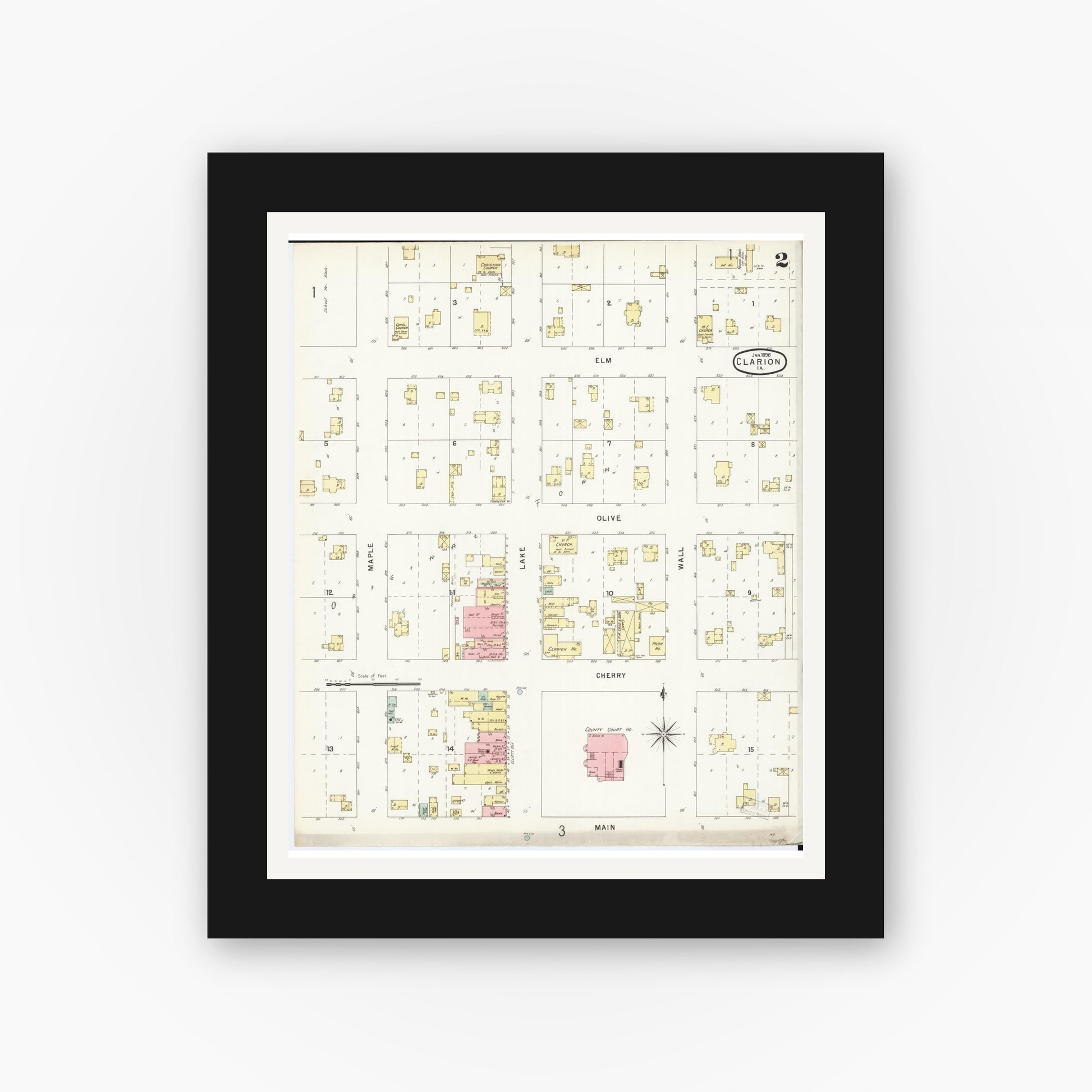 Old map wall art mockup — black gallery frame with white mat — Sanborn Fire Insurance Map from Clarion, Wright County, Iowa (1896), Sheet #0002