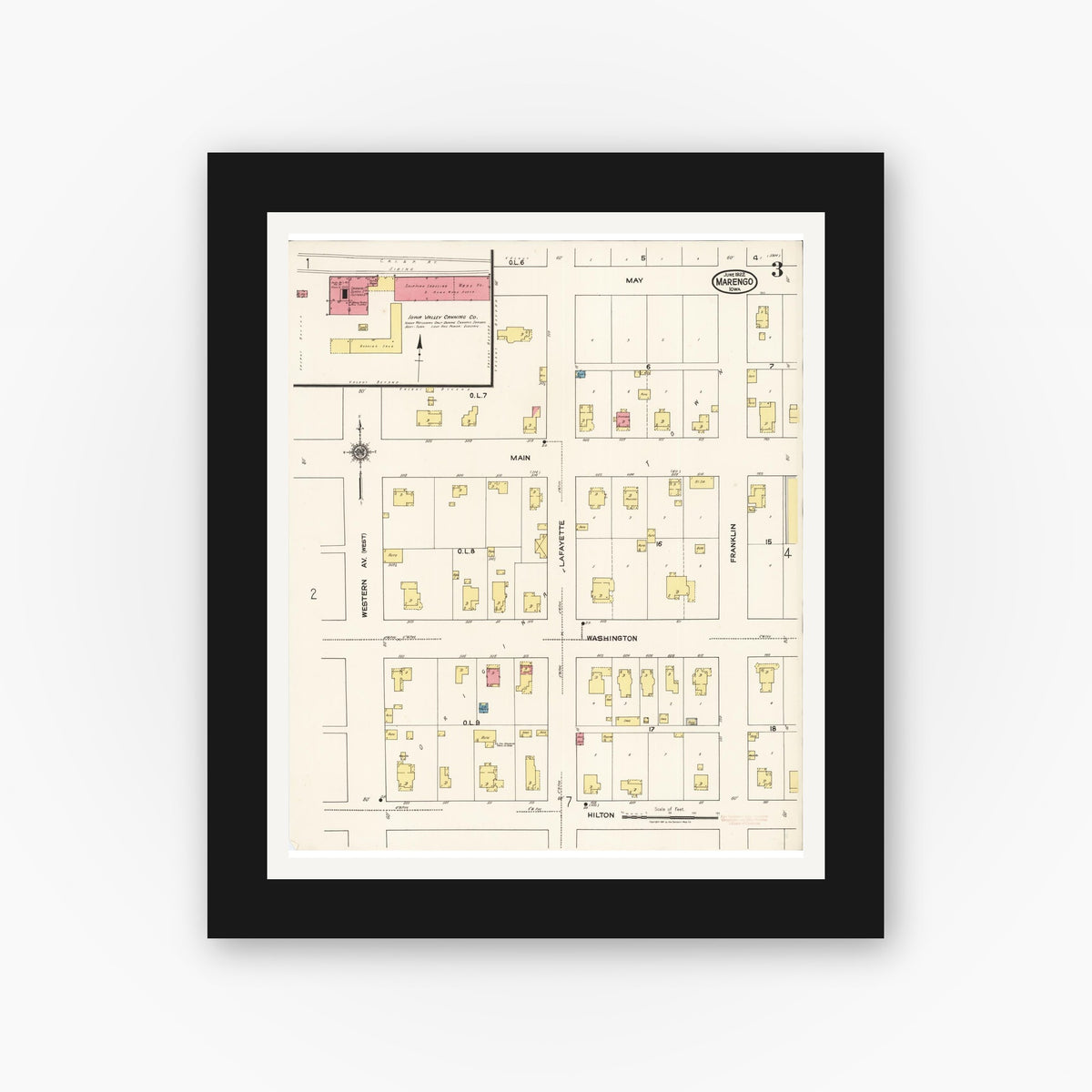 Old map wall art mockup — black gallery frame with white mat — Sanborn Fire Insurance Map from Marengo, Iowa County, Iowa (1922), Sheet #0003