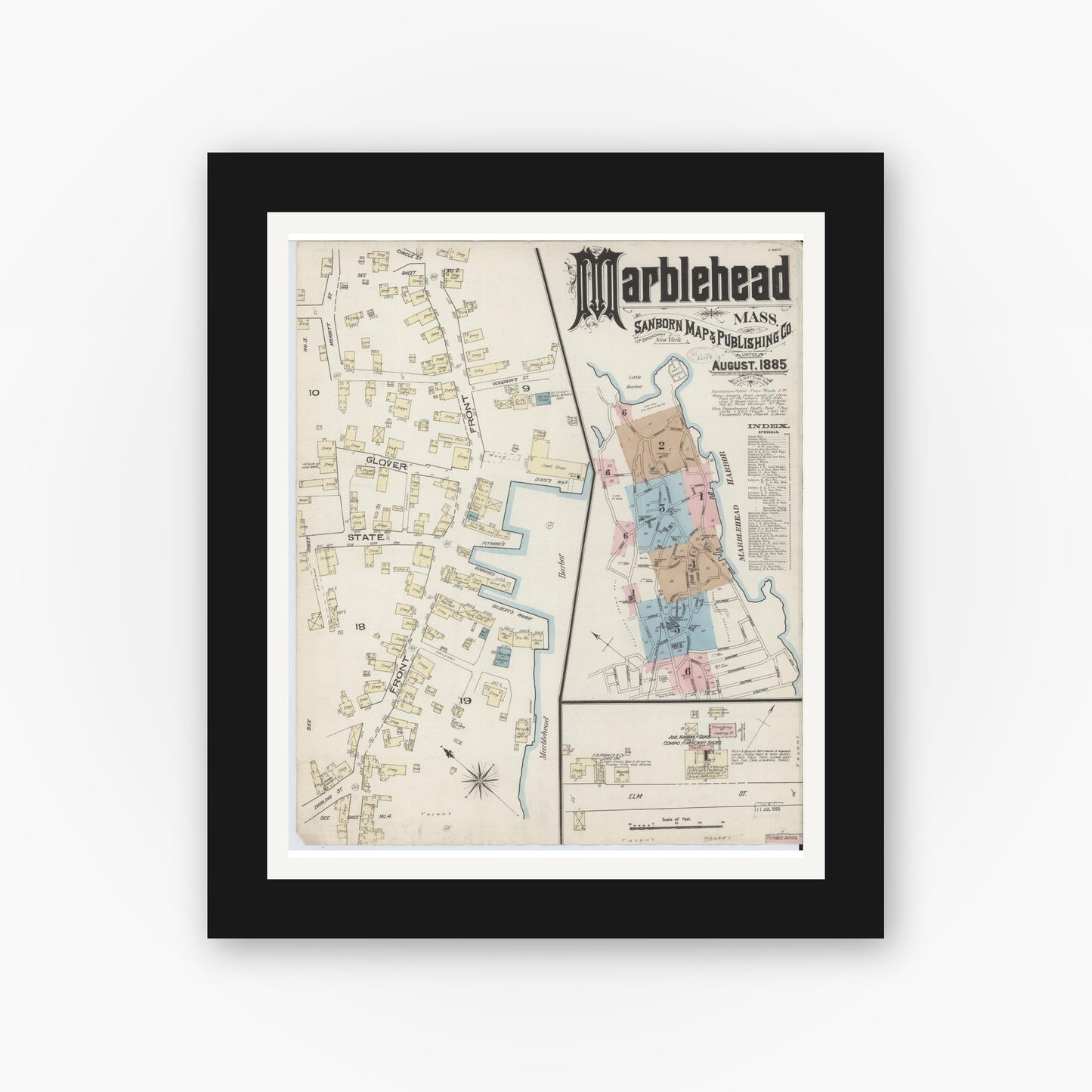 Old map wall art mockup — black gallery frame with white mat — Sanborn Fire Insurance Map from Marblehead, Essex County, Massachusetts (1885) - Complete Map Set