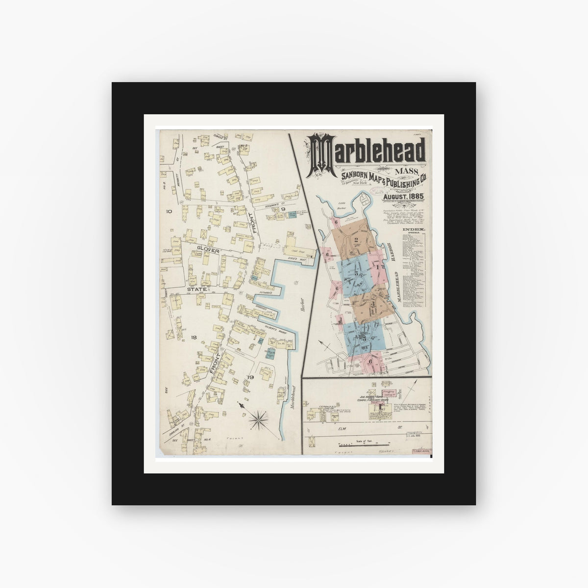Old map wall art mockup — black gallery frame with white mat — Sanborn Fire Insurance Map from Marblehead, Essex County, Massachusetts (1885) - Complete Map Set